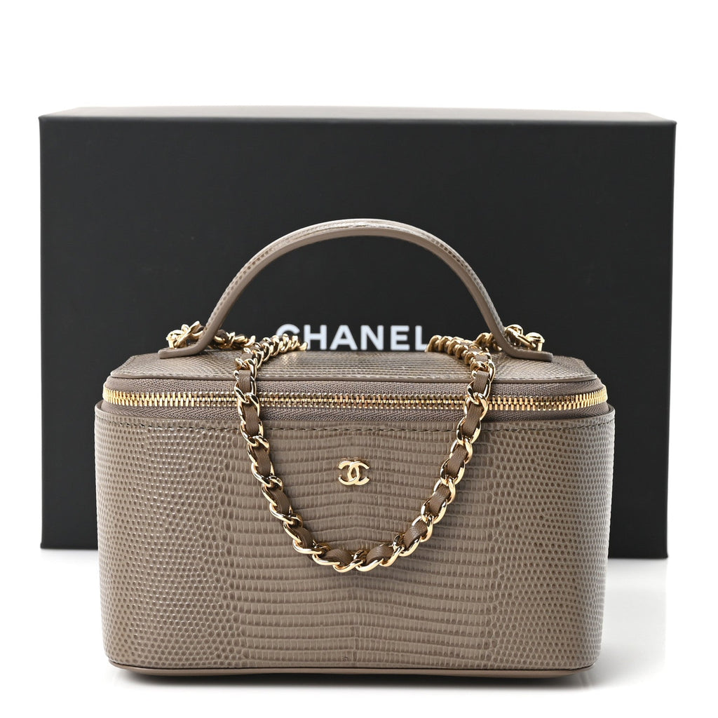 Calfskin Lizard Embossed Top Handle Vanity With Chain Dark Khaki
