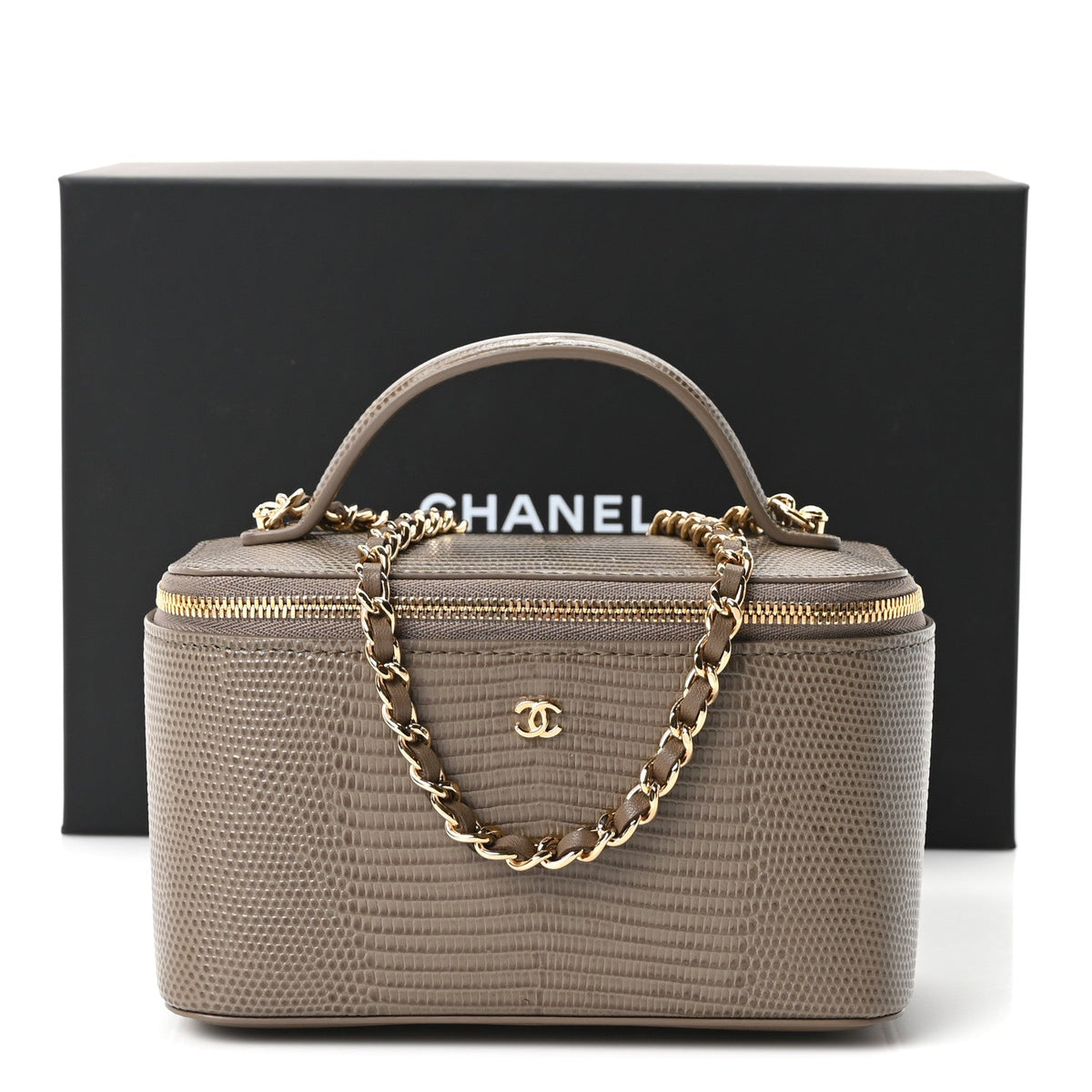 Calfskin Lizard Embossed Top Handle Vanity With Chain Dark Khaki