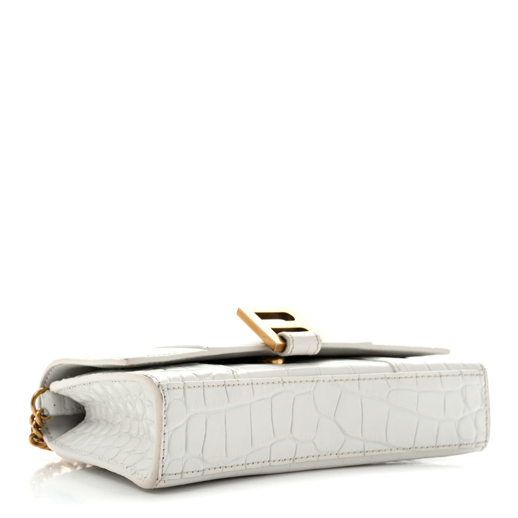 Shiny Calfskin Crocodile Embossed Hourglass Chain Bag White