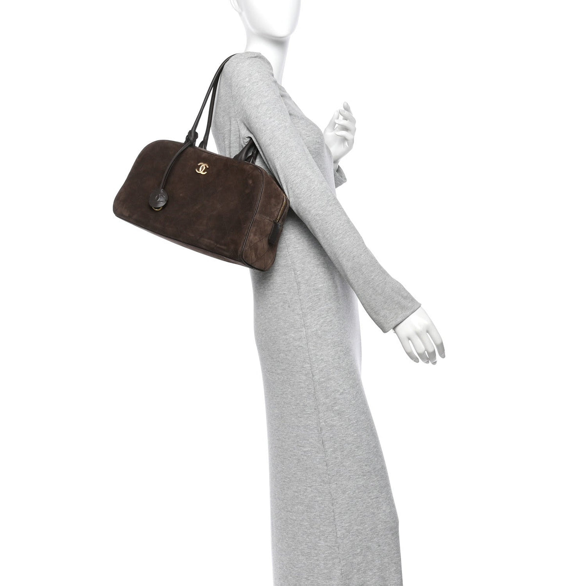 Suede Calfskin Large Perfect Bowling Bag Dark Brown
