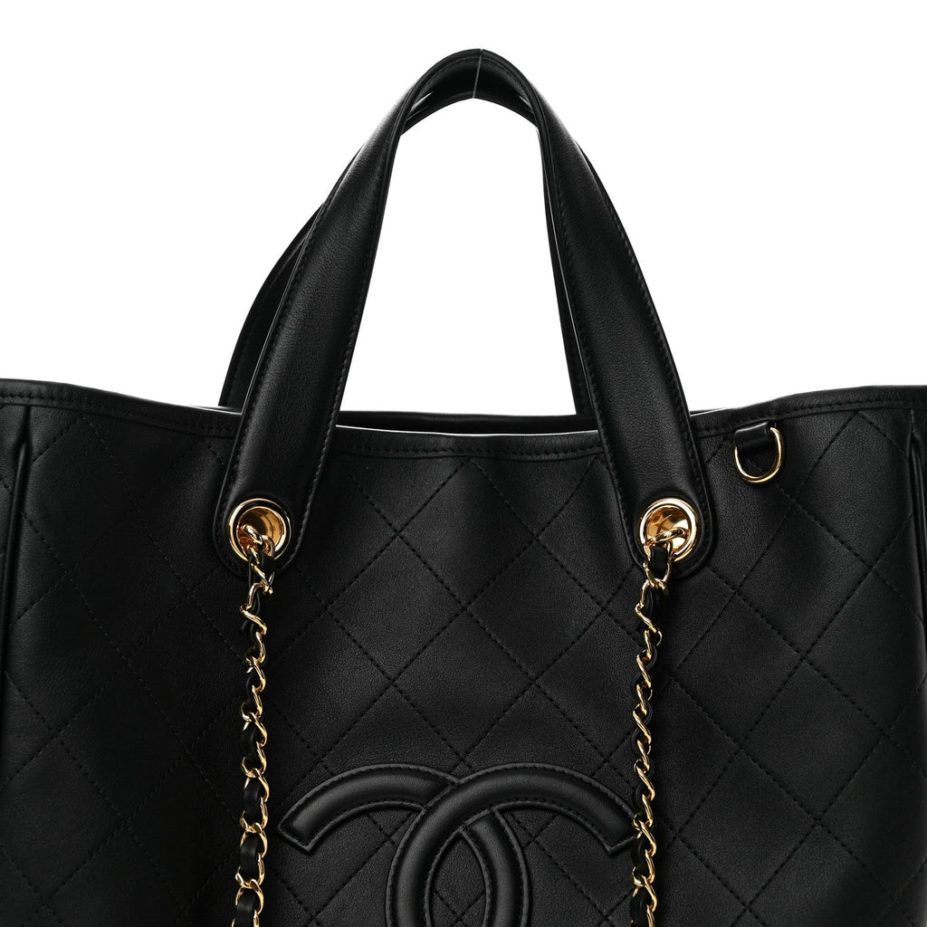 Calfskin Quilted Large CC Shopping Bag Black