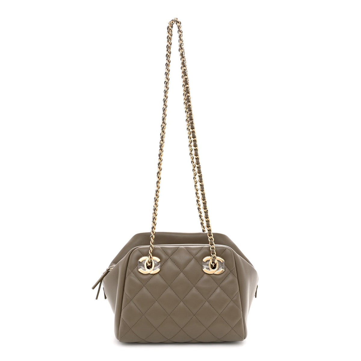 Lambskin Quilted Small CC Bowling Bag Dark Khaki