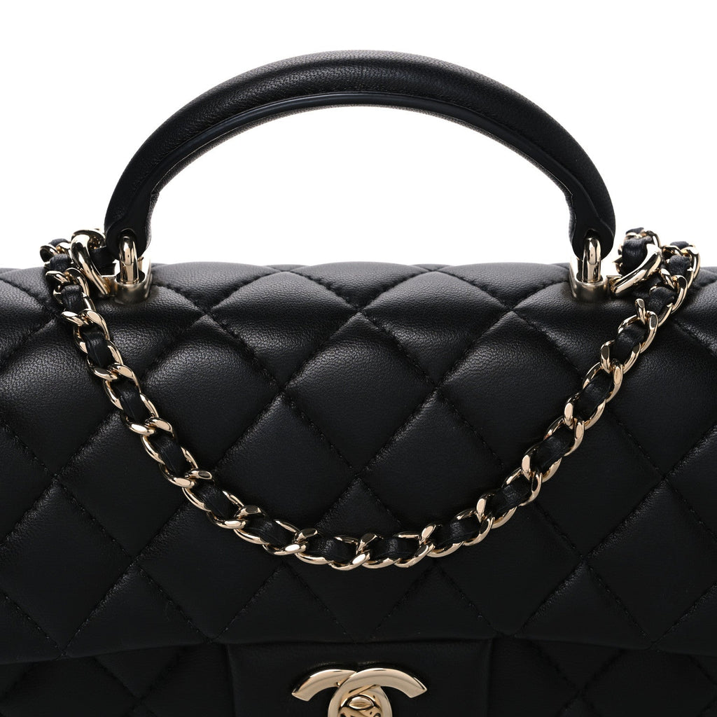 Lambskin Quilted Top Handle East West Flap Black