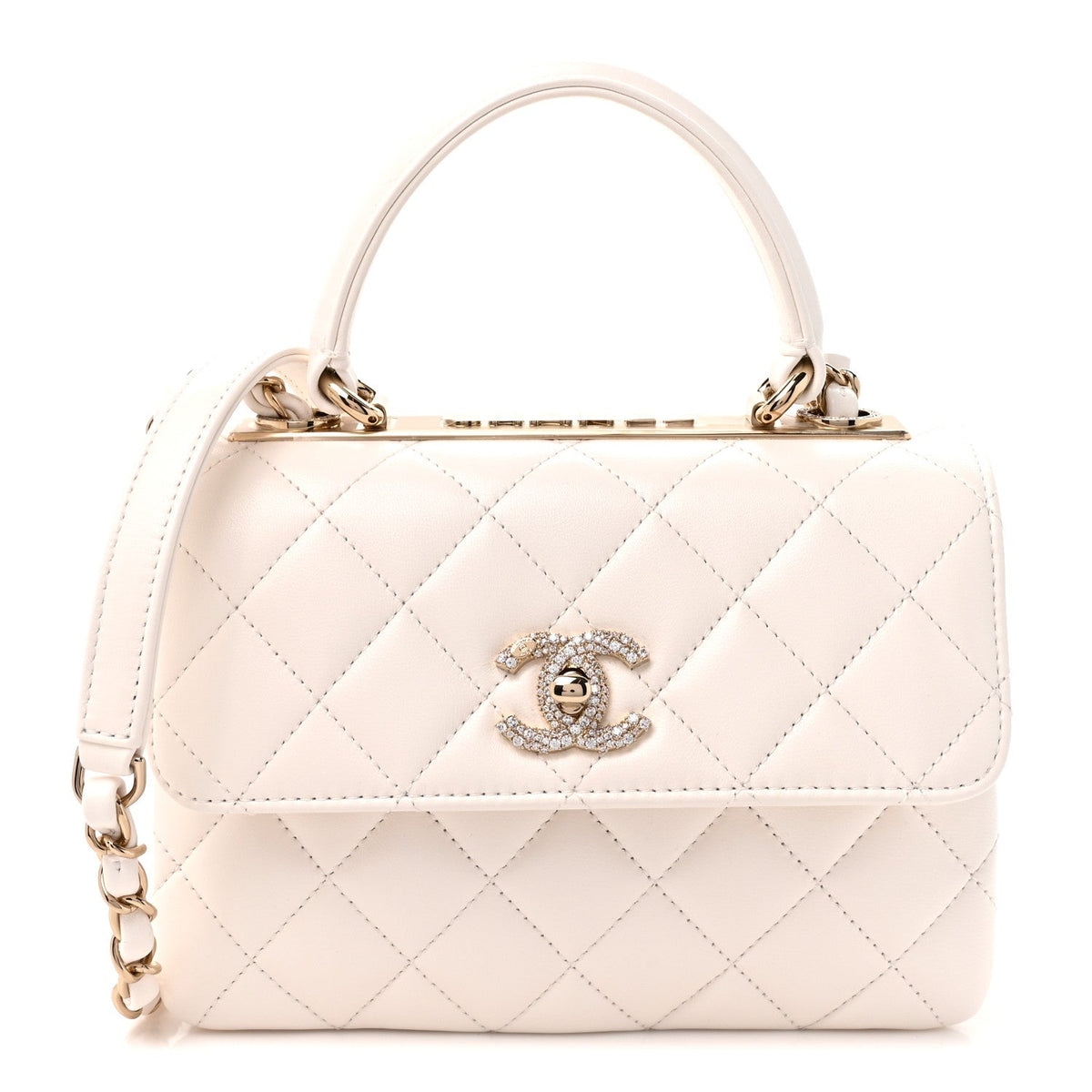 Lambskin Crystal Quilted Mini Trendy CC Dual Handle Flap Bag White