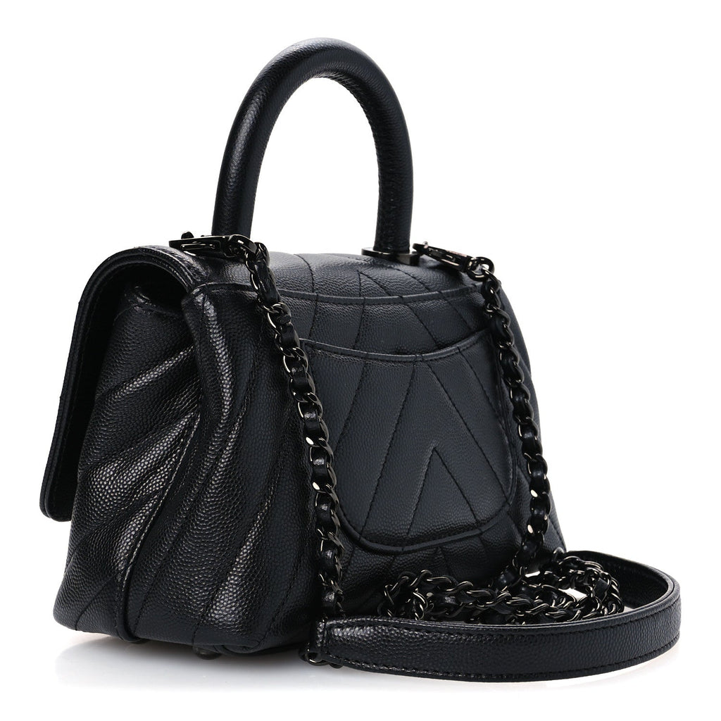 Caviar Chevron Quilted Extra Mini Coco Handle Flap So Black
