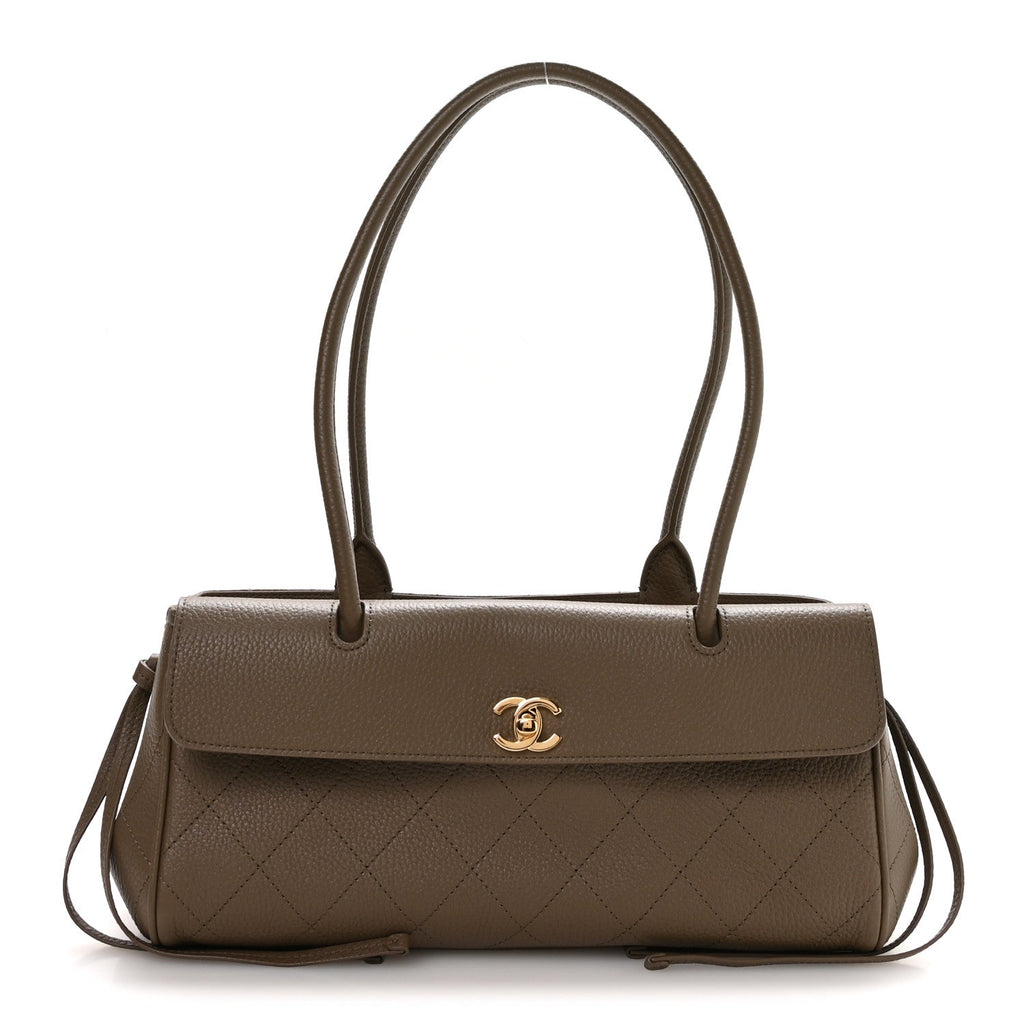 Grained Calfskin Stitched Urban Essentials Small Shopping Bag Dark Khaki