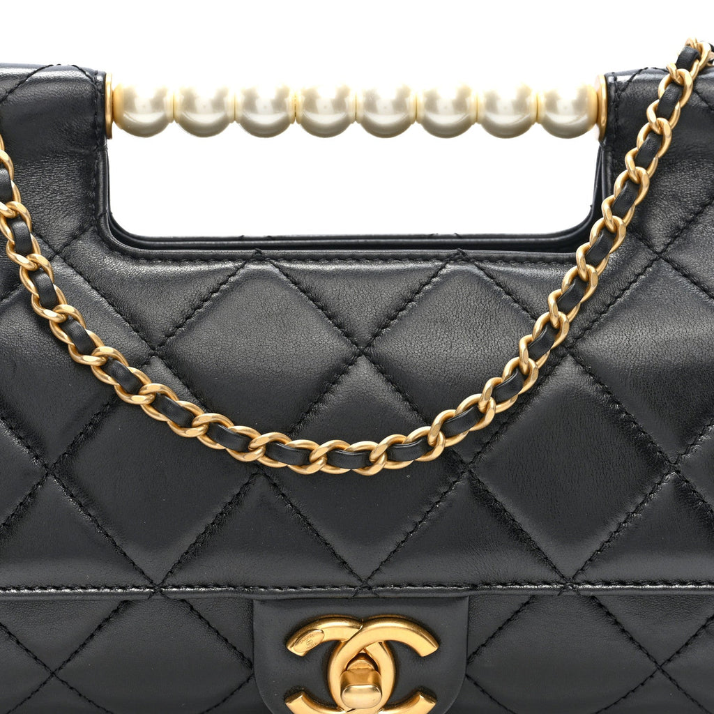 Shiny Lambskin Pearl Top Handle Flap Shopping Bag Black