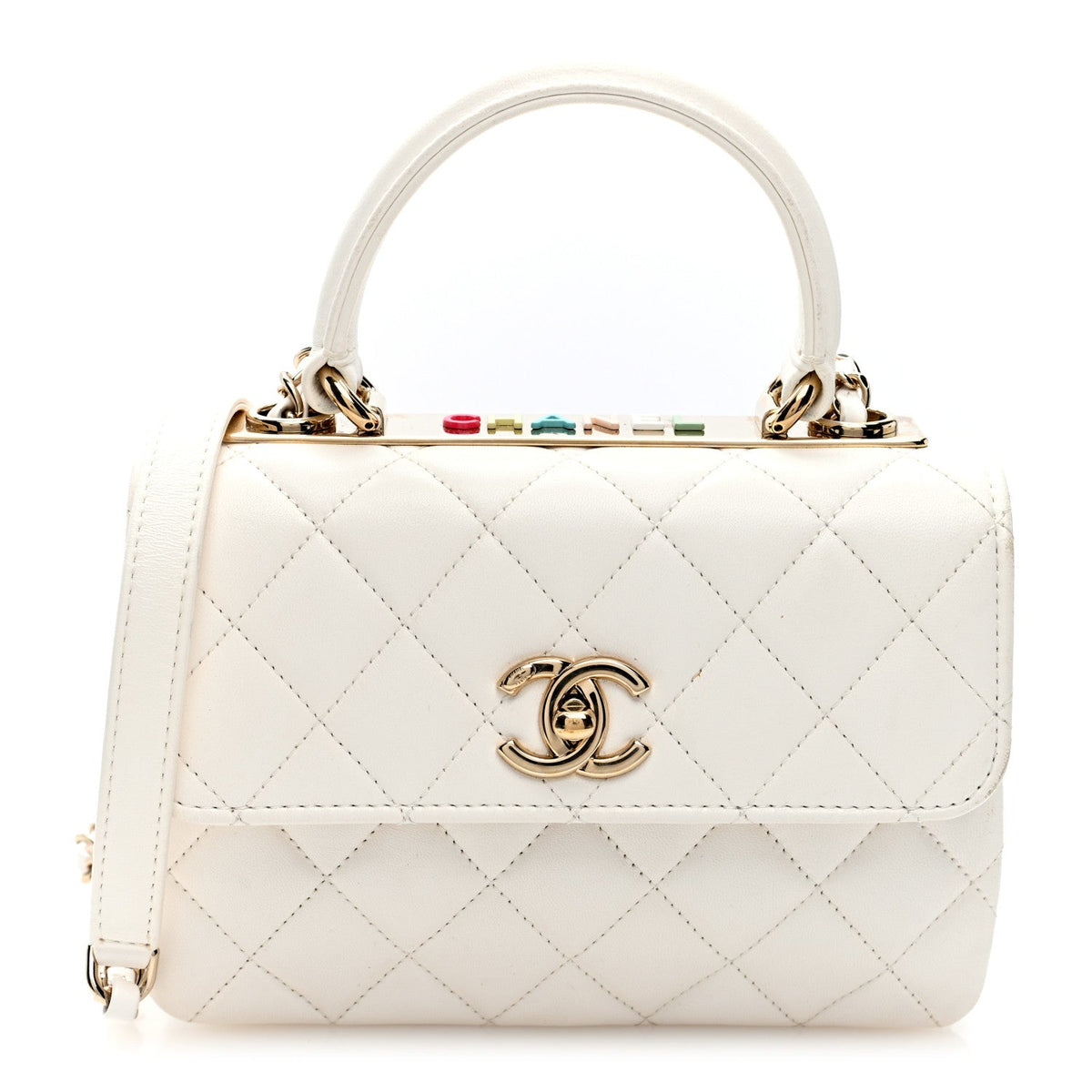 Lambskin Lacquered Quilted Small Trendy CC Dual Handle Flap Bag White