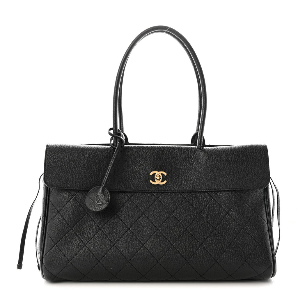 Grained Calfskin Stitched Urban Essentials Shopping Bag Black