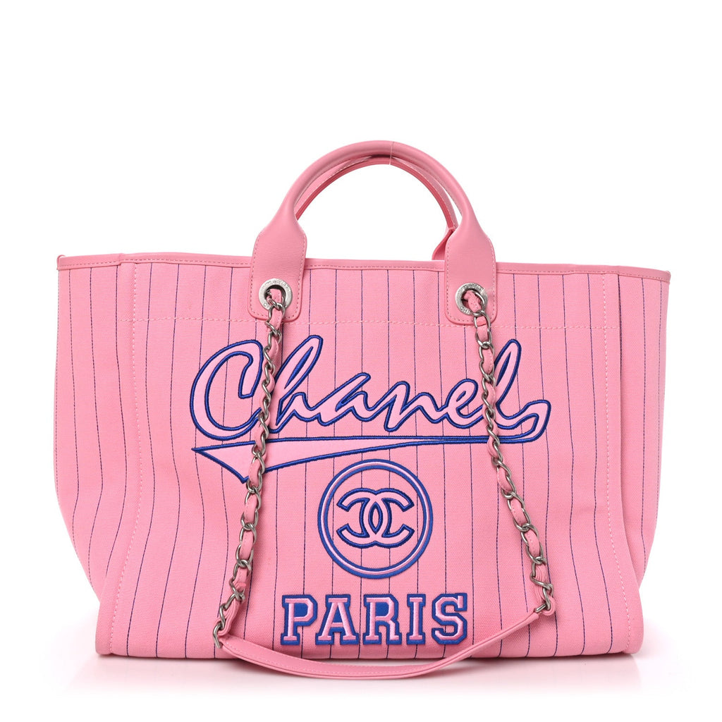 Canvas Calfskin Striped Large Deauville Tote Pink Blue