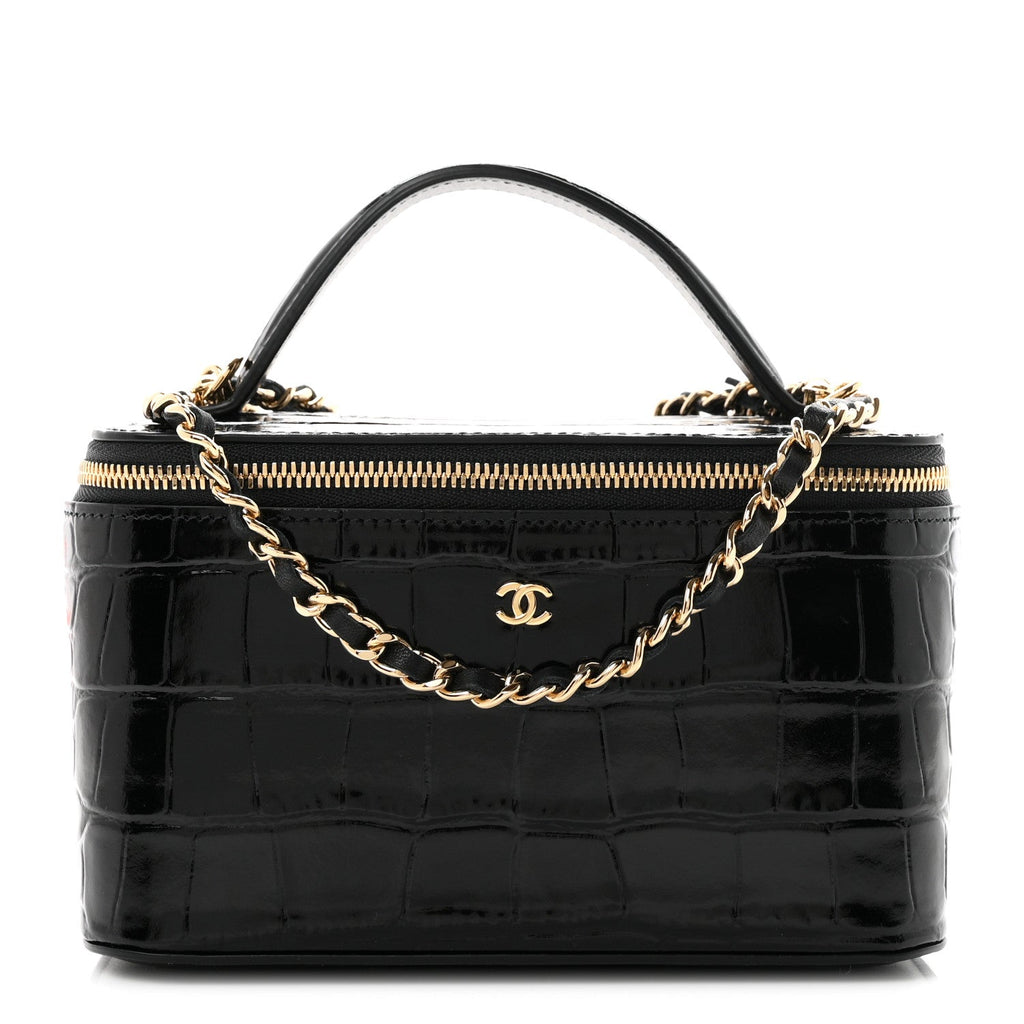 Calfskin Crocodile Embossed Crococo Small Top Handle Vanity Case With Chain Black