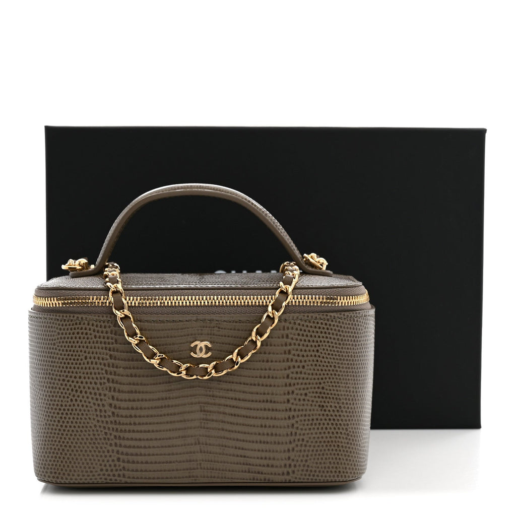 Calfskin Lizard Embossed Top Handle Vanity With Chain Dark Khaki