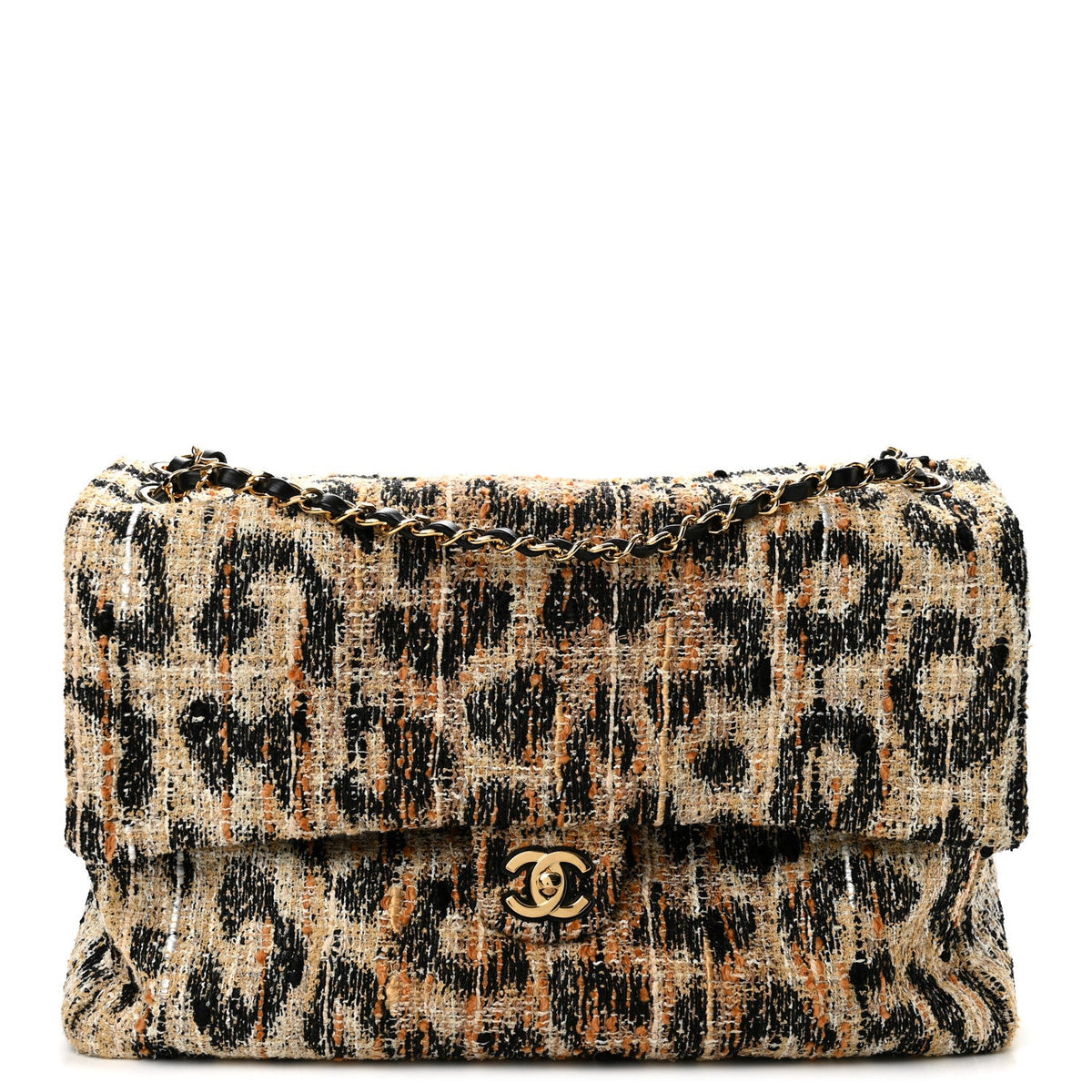 Tweed Mixed Fibers Leopard Print Souplissimo Maxi Flap Brown Black White