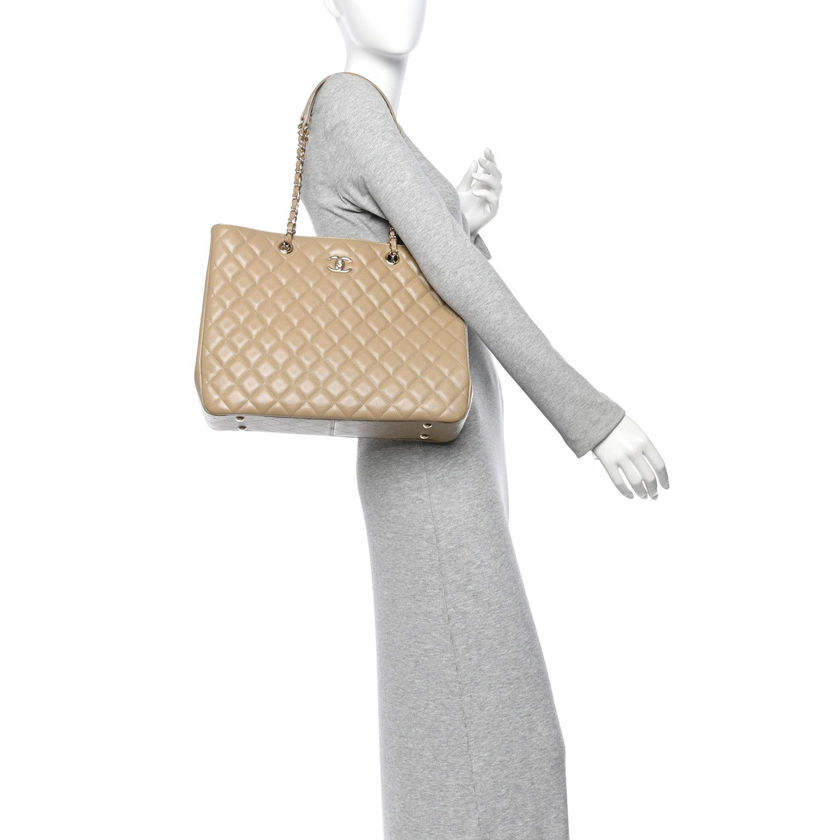Caviar Quilted Large Shopping Tote Beige