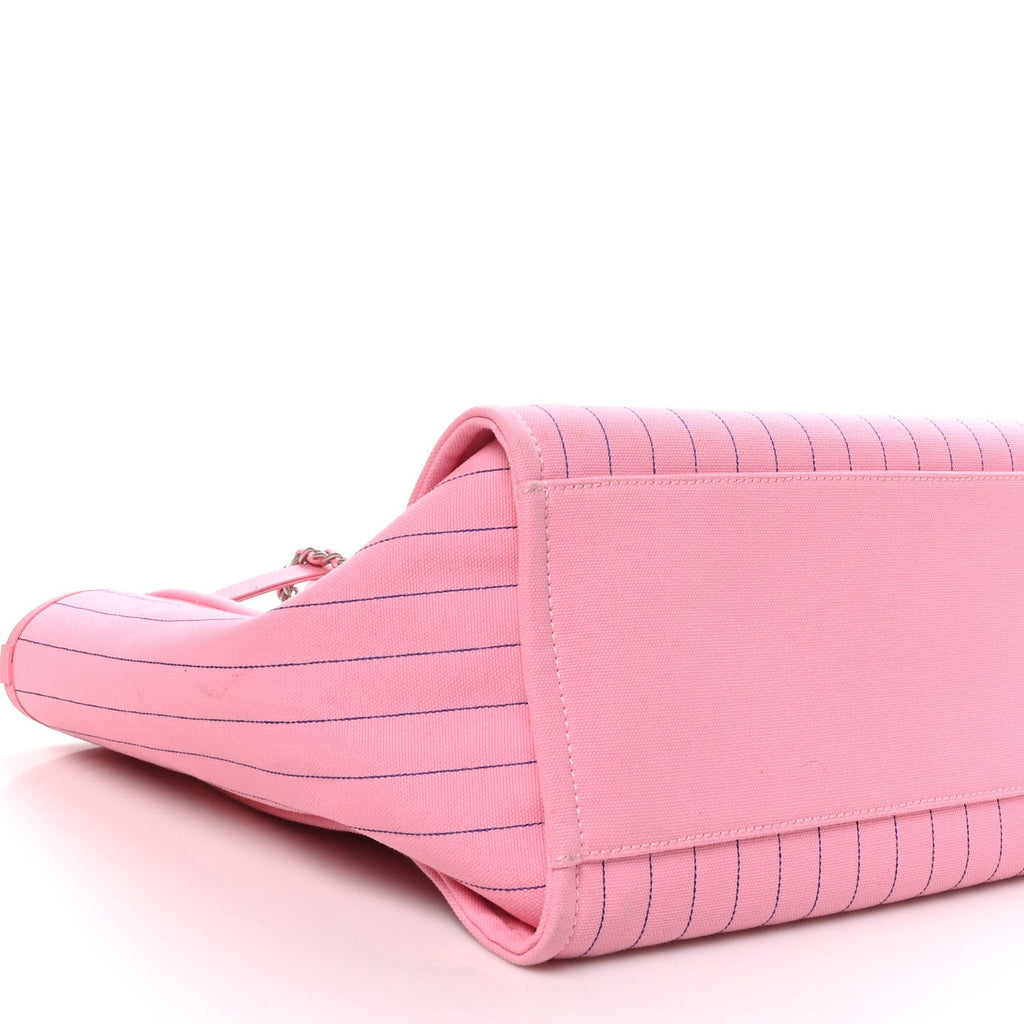 Canvas Calfskin Striped Large Deauville Tote Pink Blue