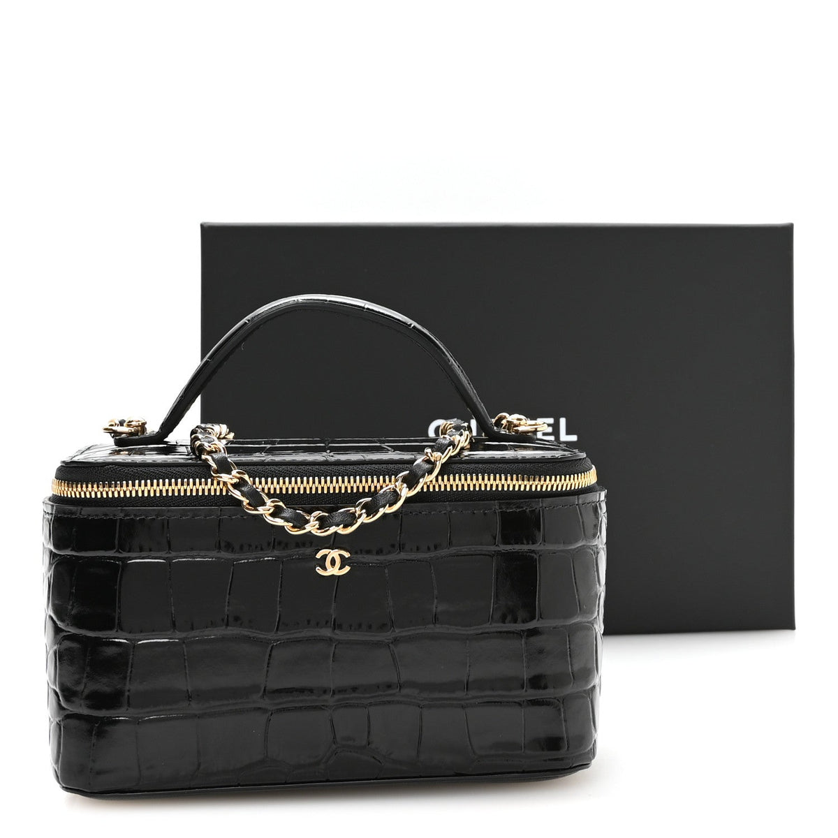 Calfskin Crocodile Embossed Crococo Small Top Handle Vanity Case With Chain Black