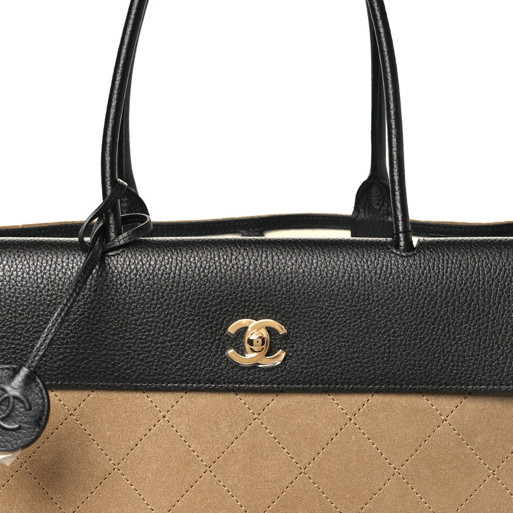 Grained Calfskin Suede Urban Essentials Shopping Bag Dark Beige Black