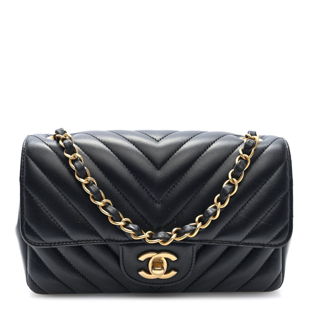 Lambskin Chevron Quilted Mini Rectangular Flap Black