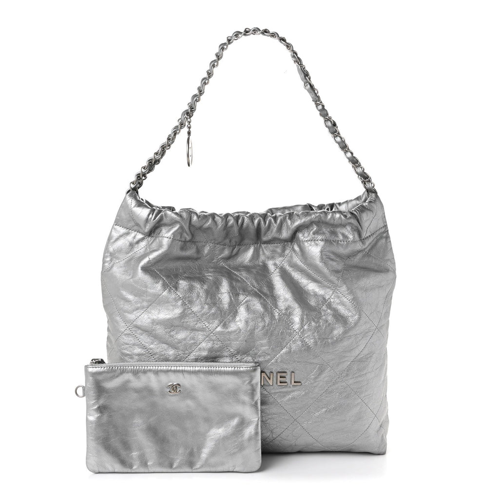 Metallic Calfskin Quilted Chanel 22 Silver