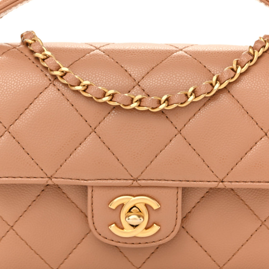 Shiny Caviar Quilted Mini Top Handle Flap Bag Camel