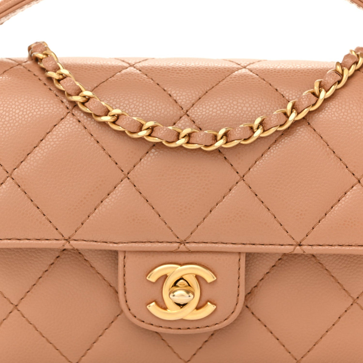 Shiny Caviar Quilted Mini Top Handle Flap Bag Camel