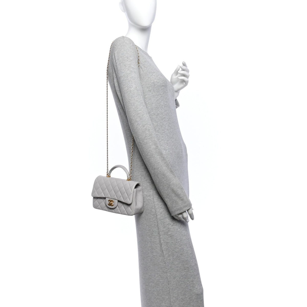 Lambskin Quilted Mini Top Handle Rectangular Flap Grey