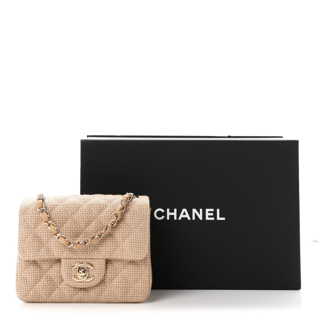 Braided Raffia Quilted Mini Square Flap Dark Beige
