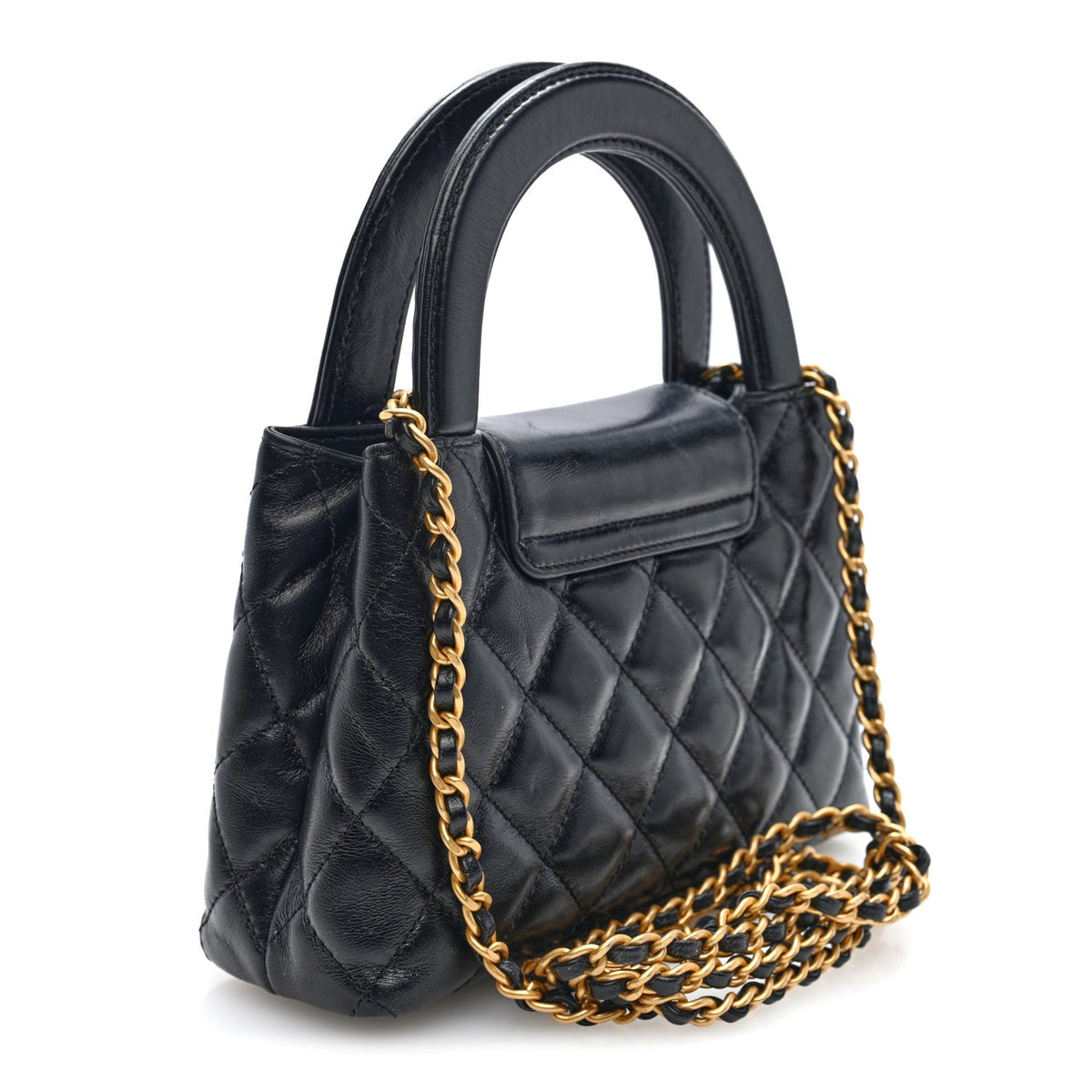 Shiny Aged Calfskin Quilted Mini Kelly Shopper Black