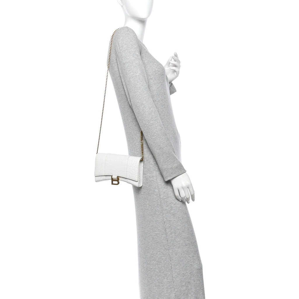 Shiny Calfskin Crocodile Embossed Hourglass Chain Bag White
