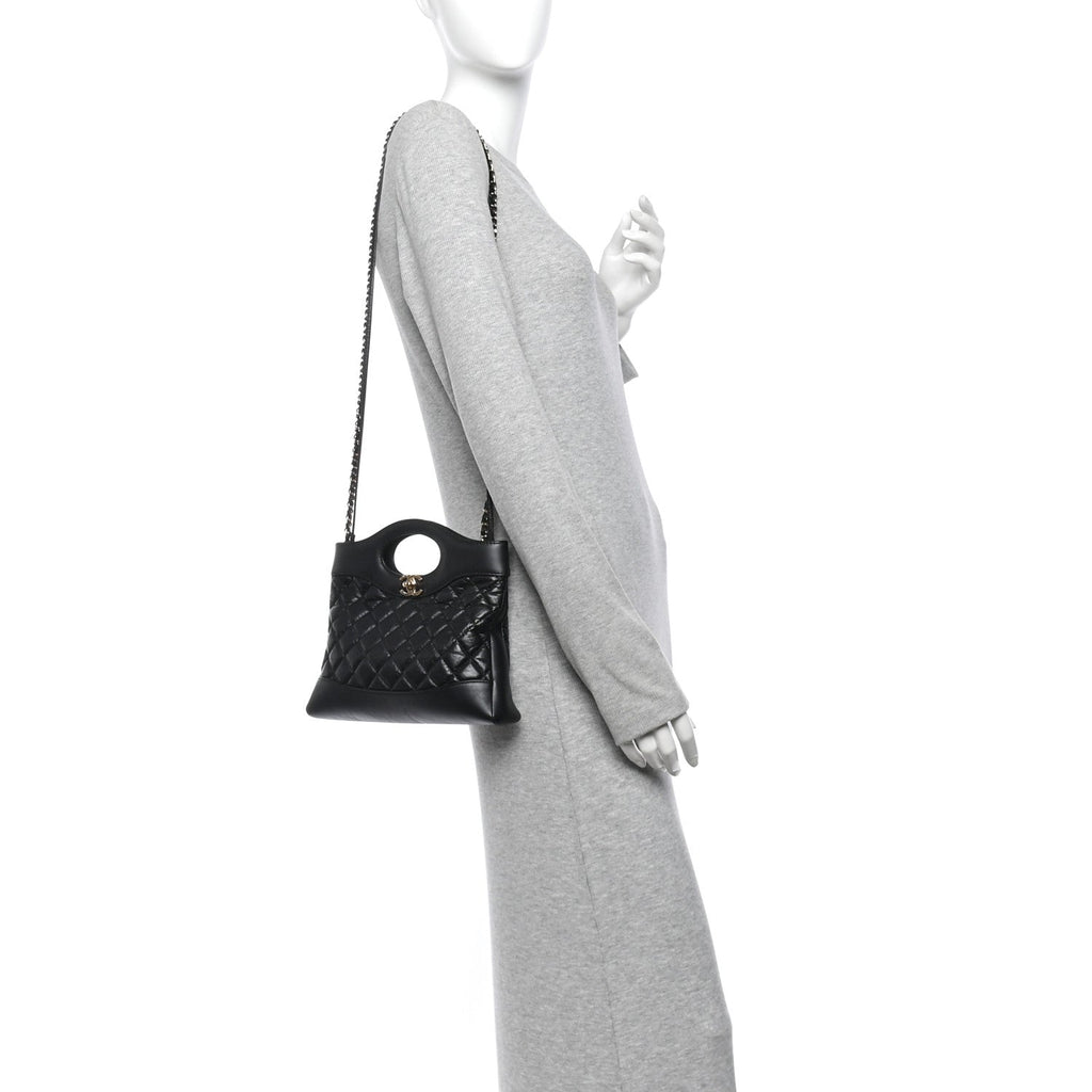 Aged Calfskin Quilted Mini 31 Shopping Bag Black