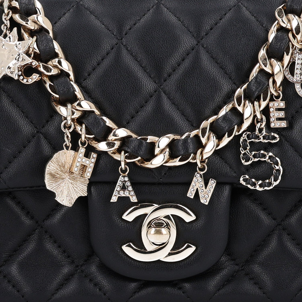 Lambskin Quilted Mini Coco Charms Rectangular Flap Black