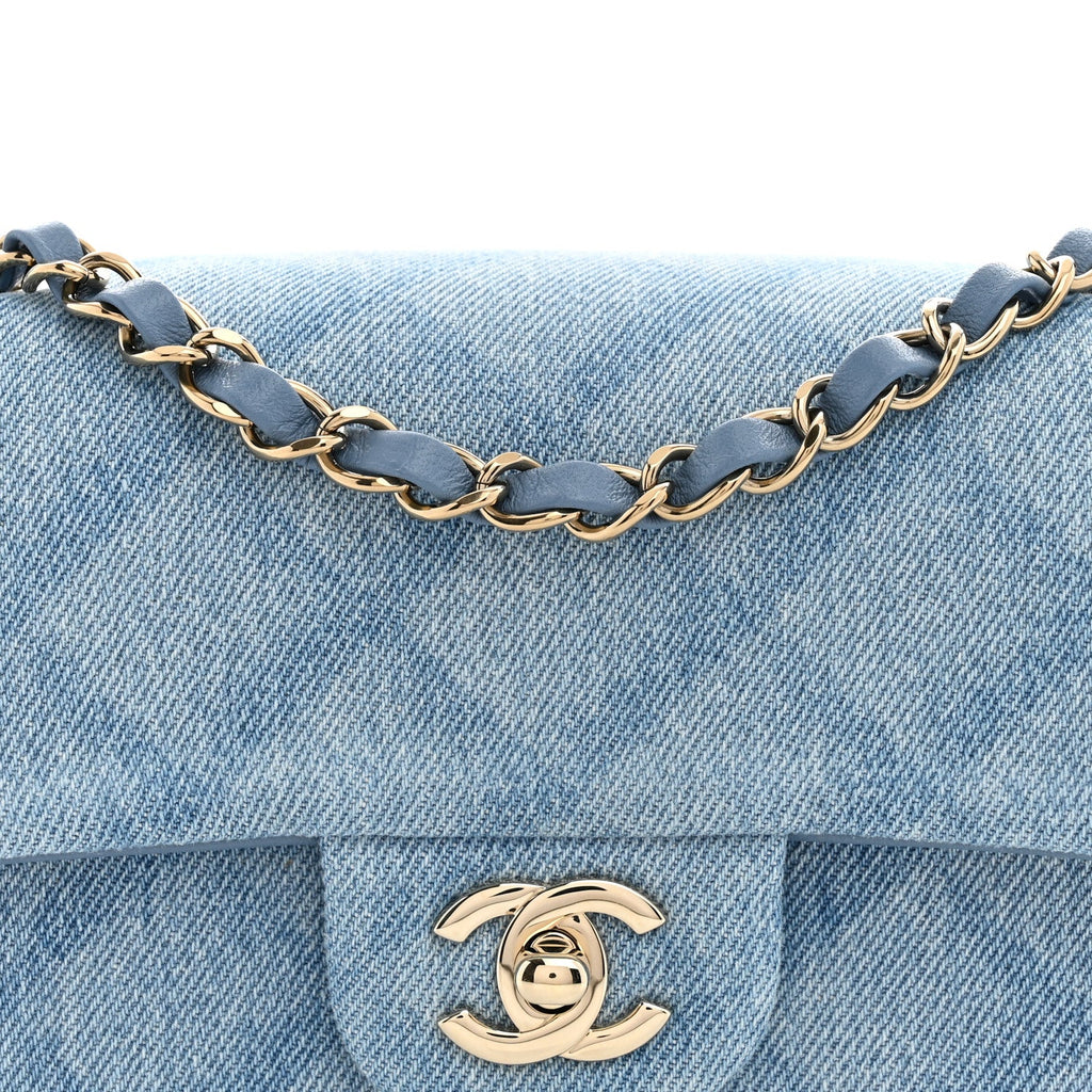 Printed Denim Quilted Mini Rectangular Flap Light Blue