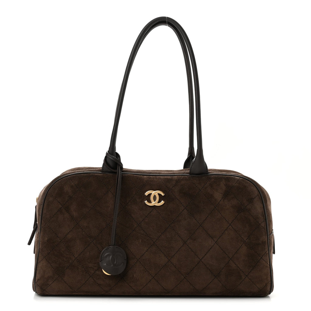 Suede Calfskin Large Perfect Bowling Bag Dark Brown