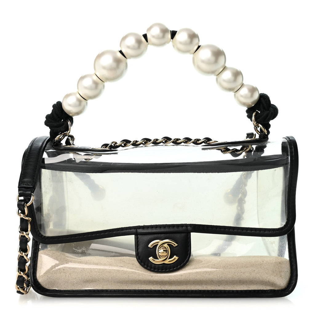 Lambskin PVC Sand By The Sea Flap With Pearl Strap Black