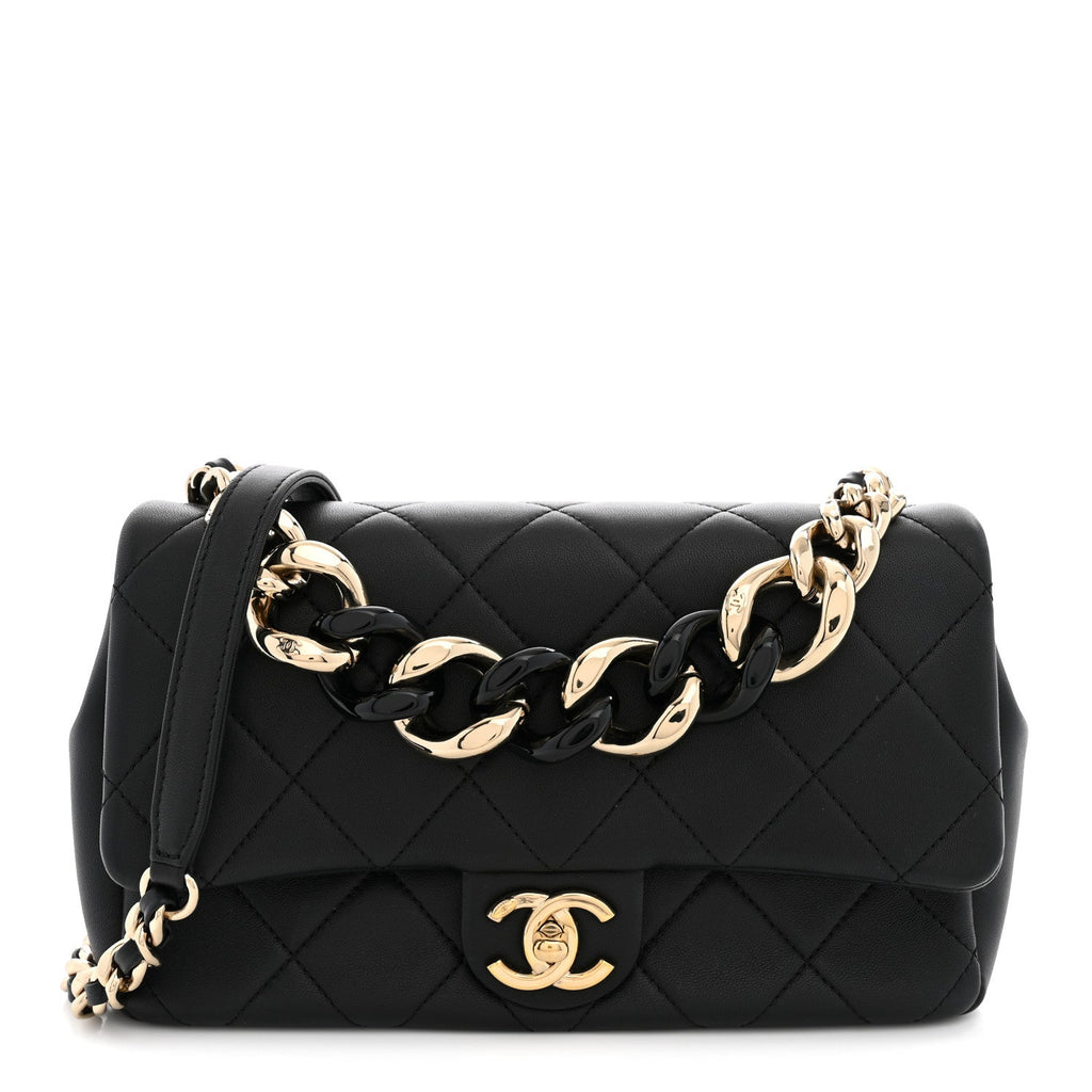Lambskin Quilted Resin Bi-Color Chain Flap Bag Black