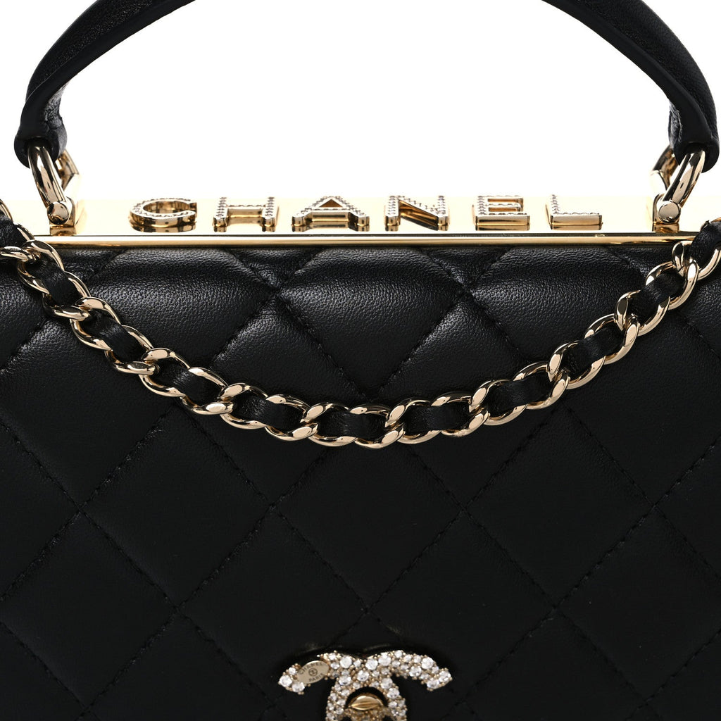Lambskin Crystal Quilted Trendy CC Top Handle WOC Flap Bag Black