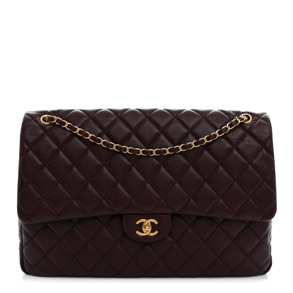 Grained Calfskin Quilted XXL Travel Flap Bag Burgundy