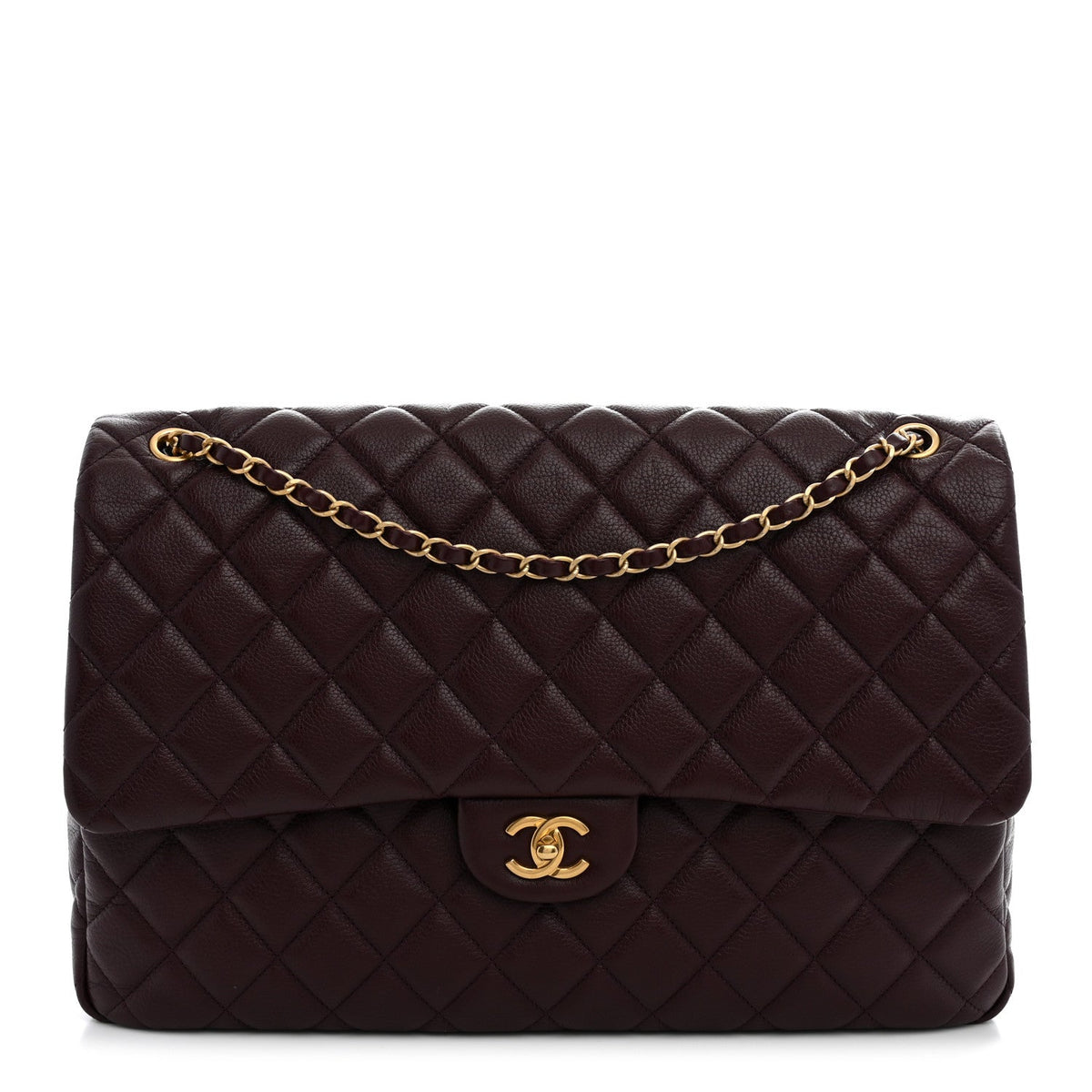 Grained Calfskin Quilted XXL Travel Flap Bag Burgundy