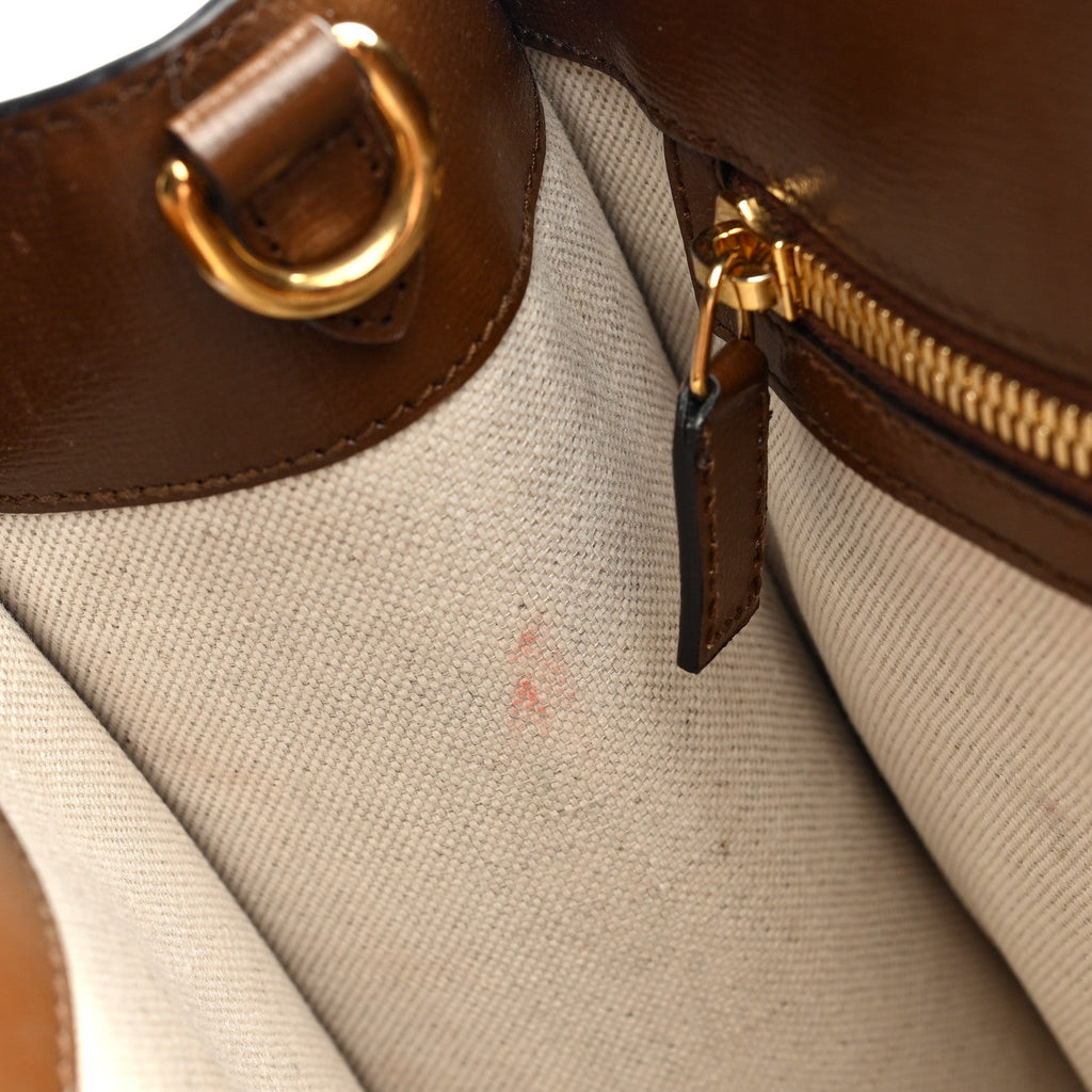 GG Supreme Monogram Textured Dollar Calfskin Web Small Retro Interlocking G Vertical Tote Bag Beige Ebony Brown Sugar