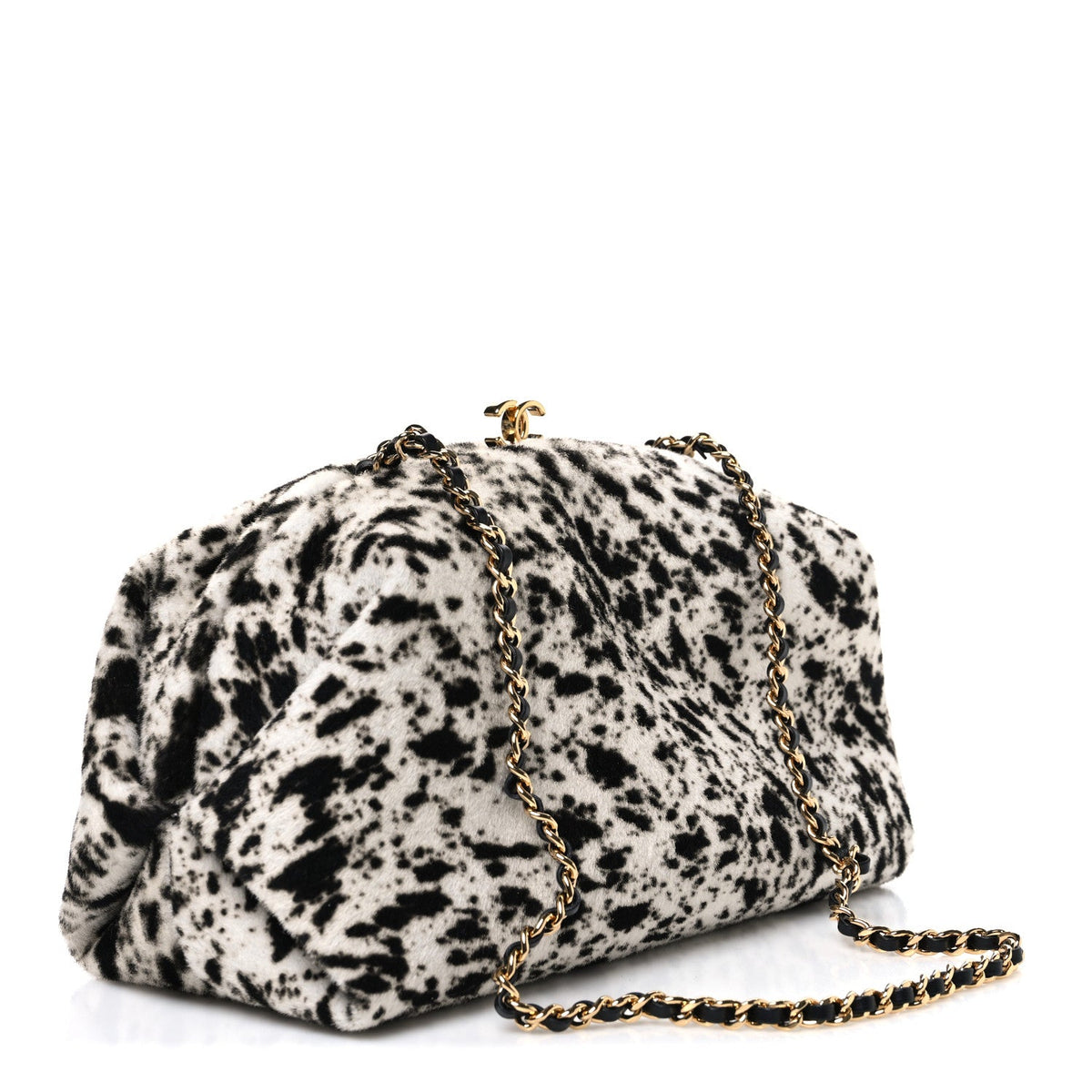 Lambskin Pony Hair Printed Clutch With Chain Black White