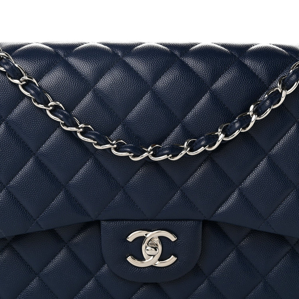Caviar Quilted Jumbo Double Flap Navy Blue