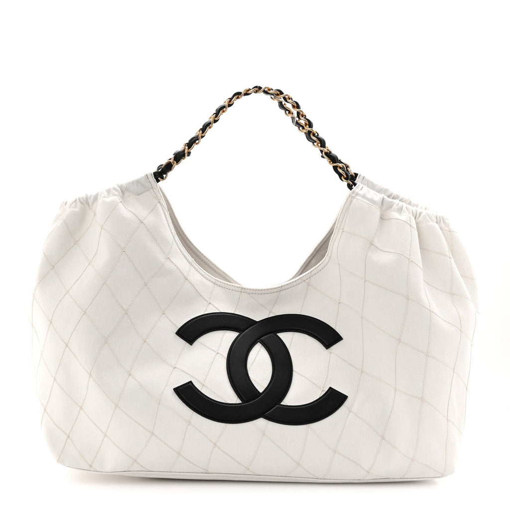 Denim Calfskin Quilted Coco Beach Small Shopping Tote White Black