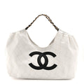 Denim Calfskin Quilted Coco Beach Small Shopping Tote White Black