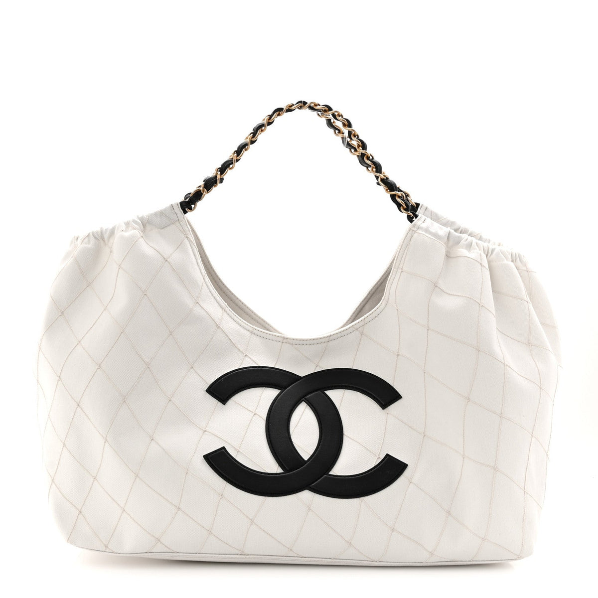 Denim Calfskin Quilted Coco Beach Small Shopping Tote White Black