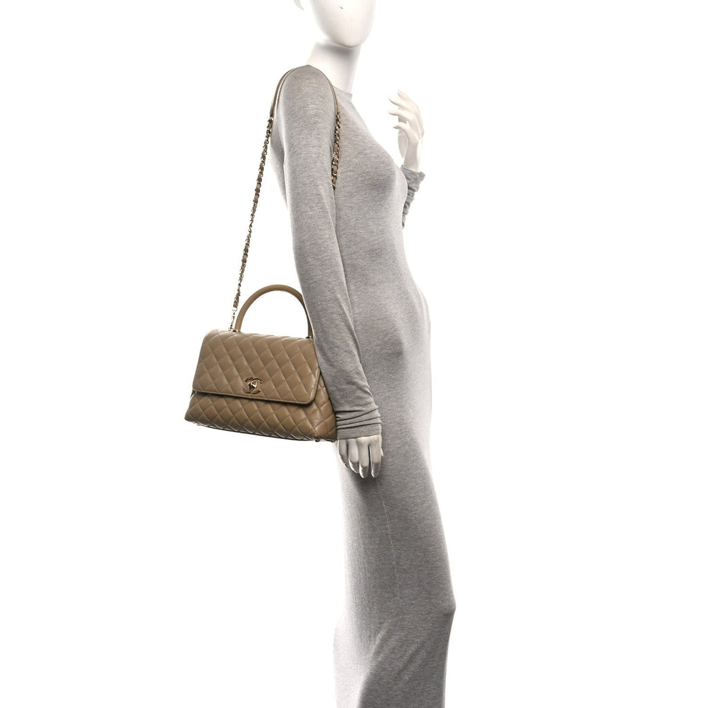 Caviar Lizard Embossed Quilted Small Coco Handle Flap Dark Beige