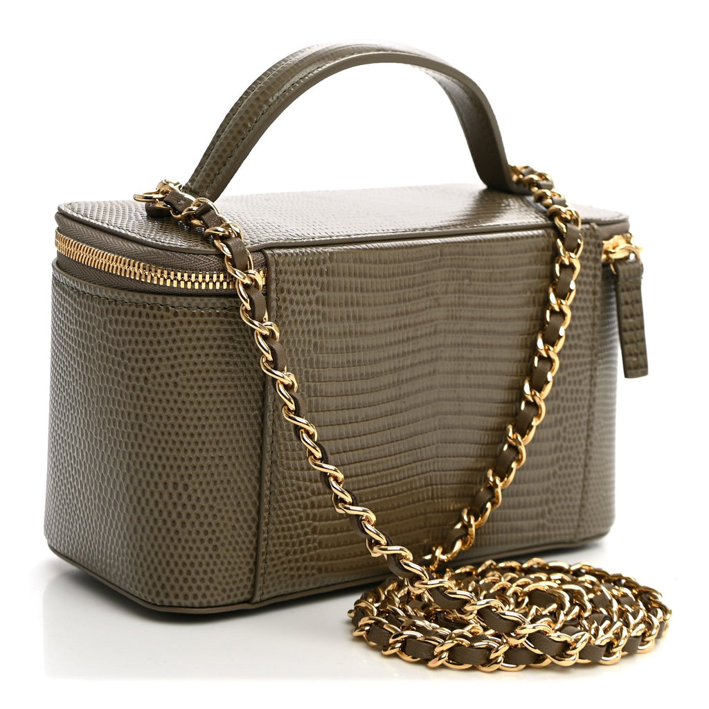 Calfskin Lizard Embossed Top Handle Vanity With Chain  Dark Khaki