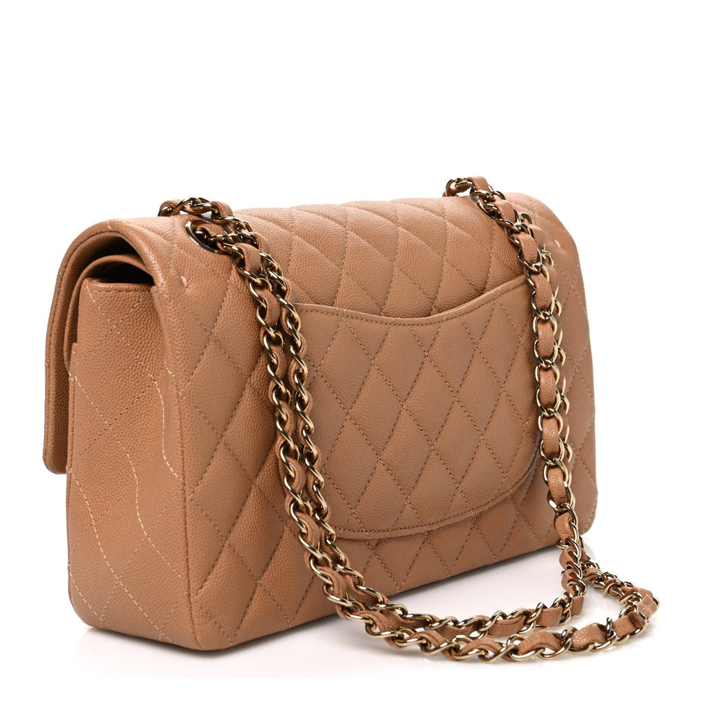 Caviar Quilted Medium Double Flap Light Brown