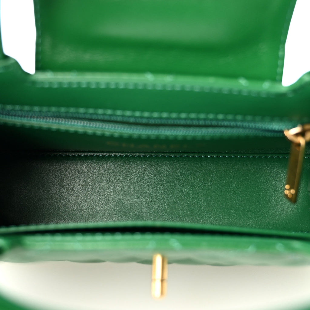 Shiny Aged Calfskin Quilted Nano Kelly Shopper Green