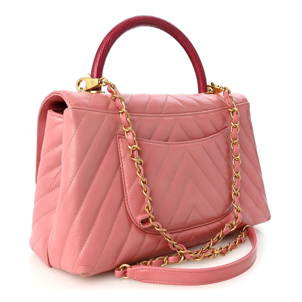 Calfskin Lizard Chevron Quilted Small Coco Handle Flap Pink