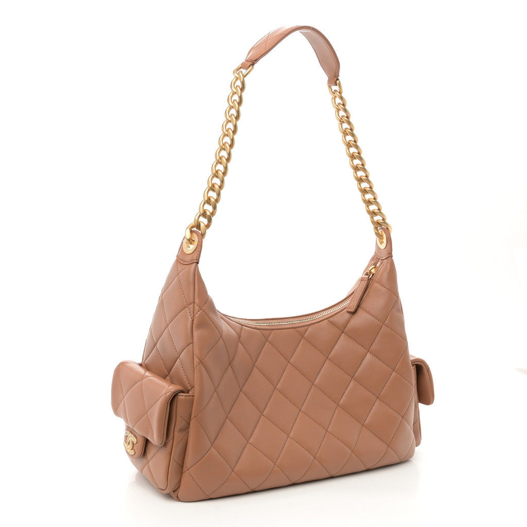 Shiny Lambskin Quilted Trendy Pockets Hobo Brown